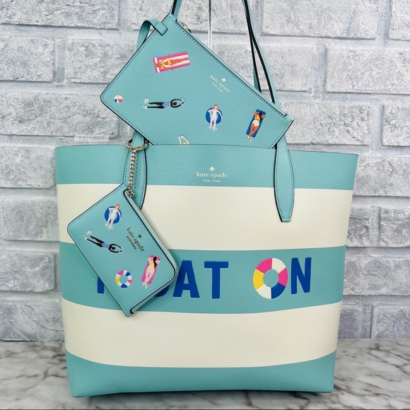 Kate Spade Pool Float Reversible Tote & Medium L-Zip Card Holder Wallet Set
